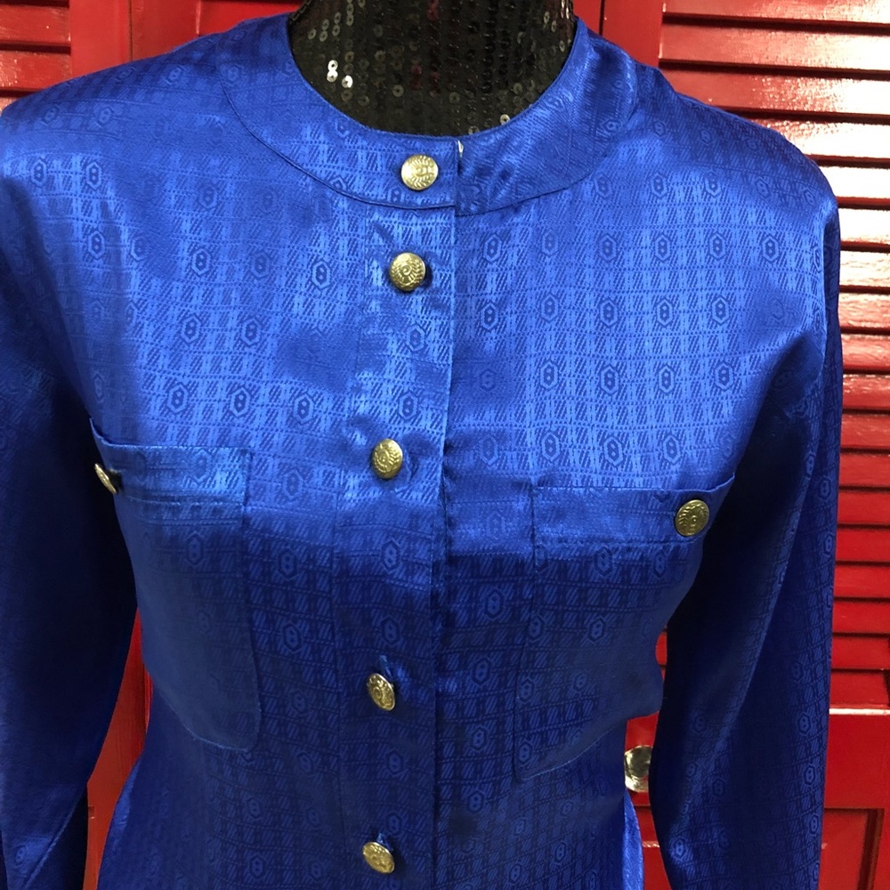 Oscar de la Renta Cobalt Blouse with Gold Accents